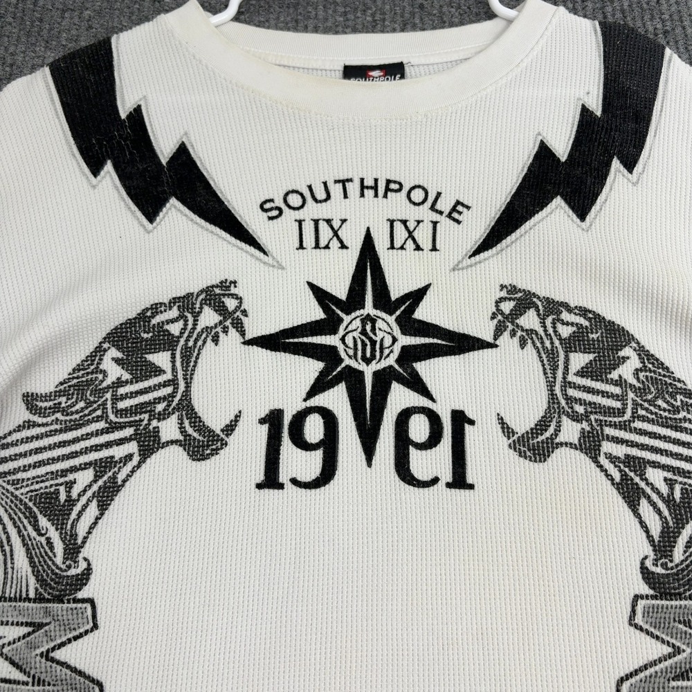 Southpole Thermal Shirt Men XL White Cotton Waffle Knit Tribal Graphic Y2K Style - Picture 3 of 10
